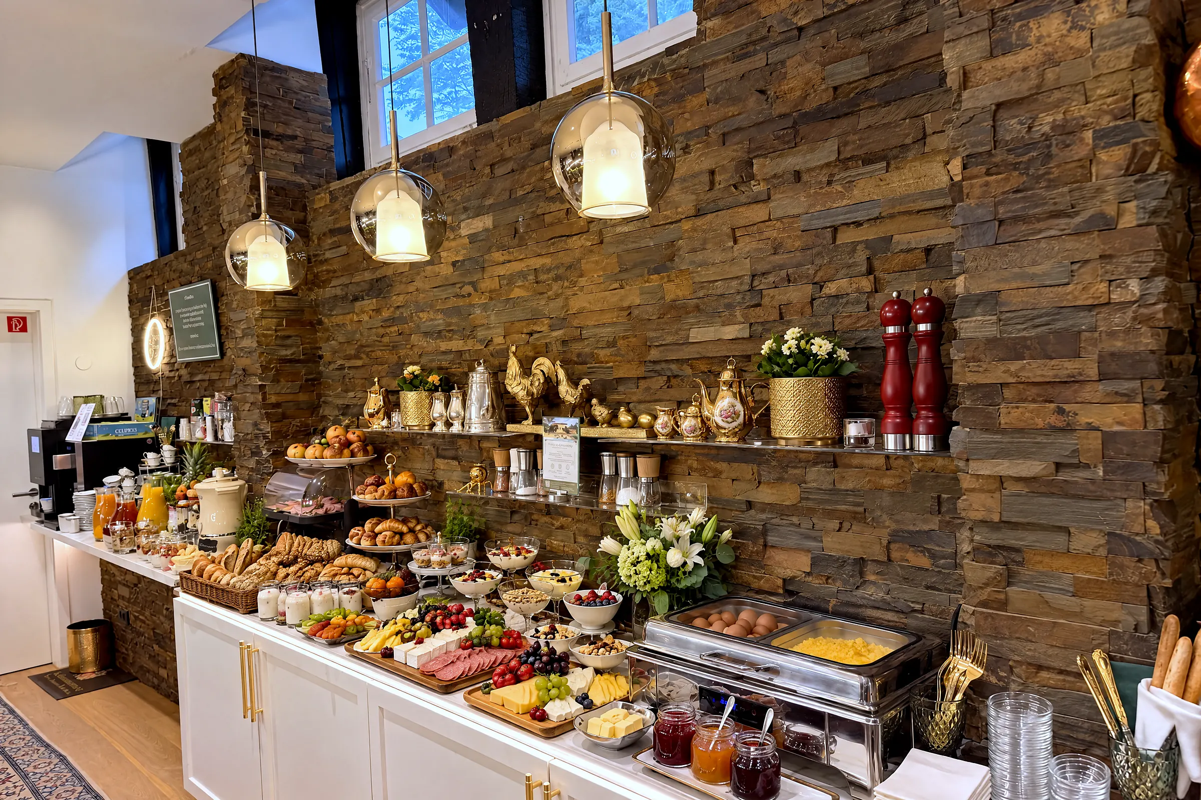 The breakfast buffet along the stone wall, bread, fruit and pastries on the counter