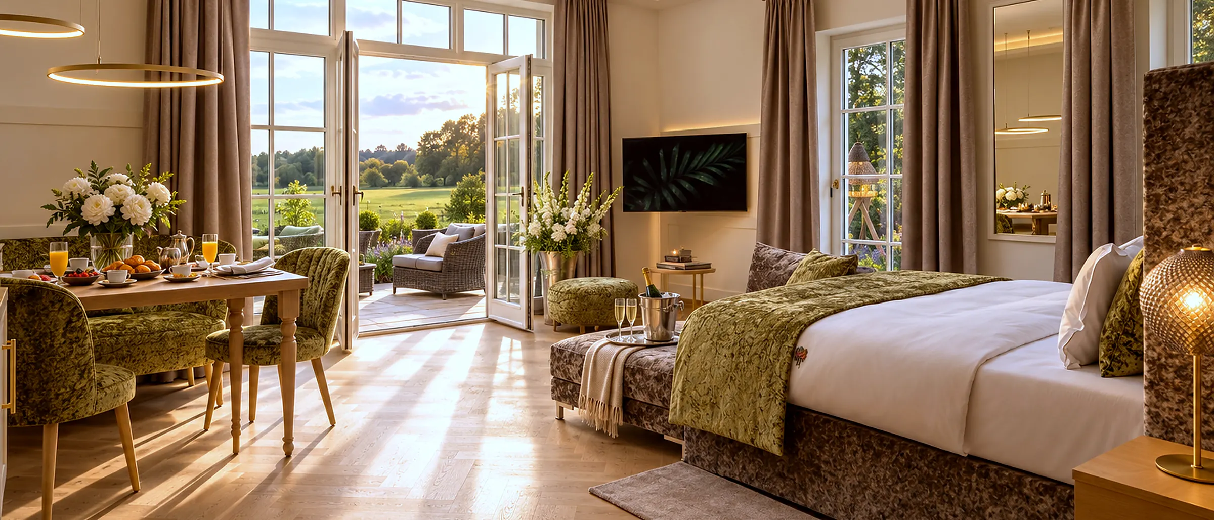 Ein Apartment mit offener Terrassentür, gedecktem Frühstückstisch und Blick auf die Wiesen