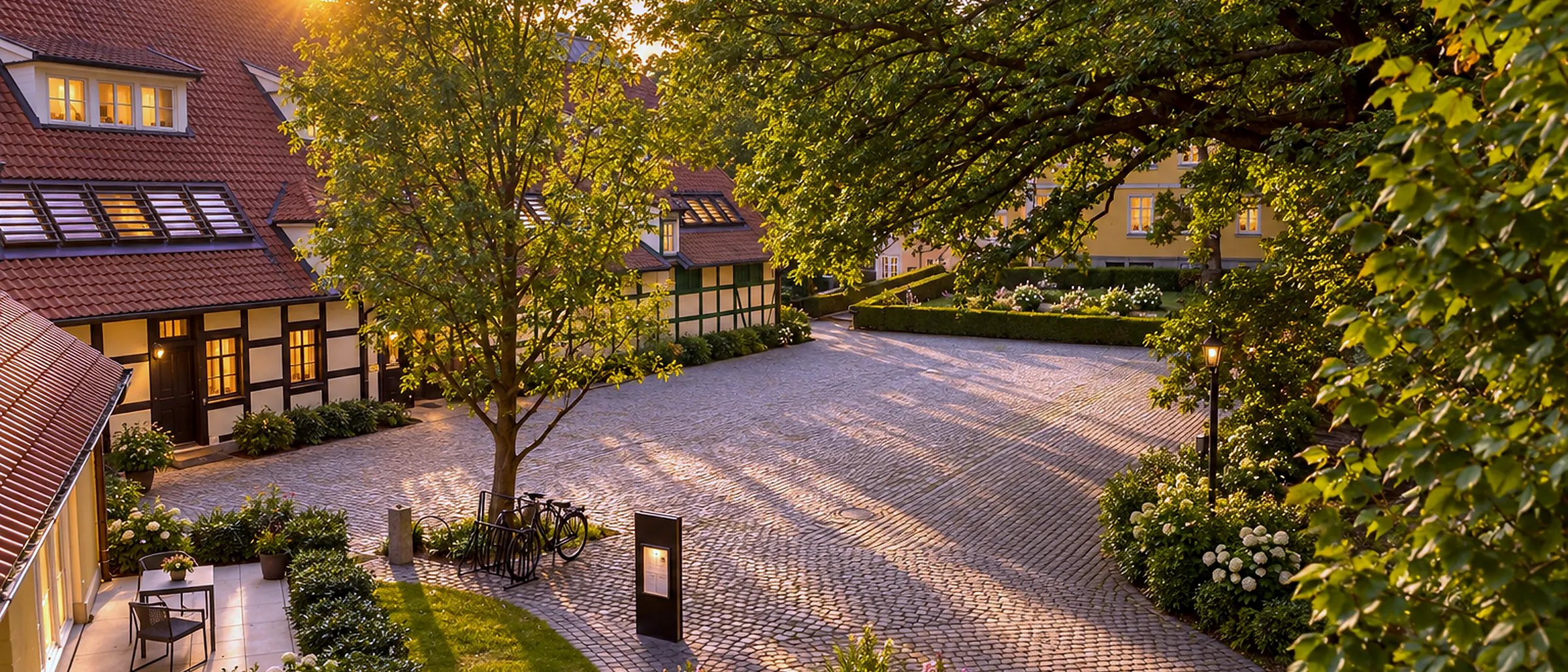 Der Innenhof der Schlossresidenz mit Kopfsteinpflaster, alter Linde und Fachwerkflügeln in der Abendsonne