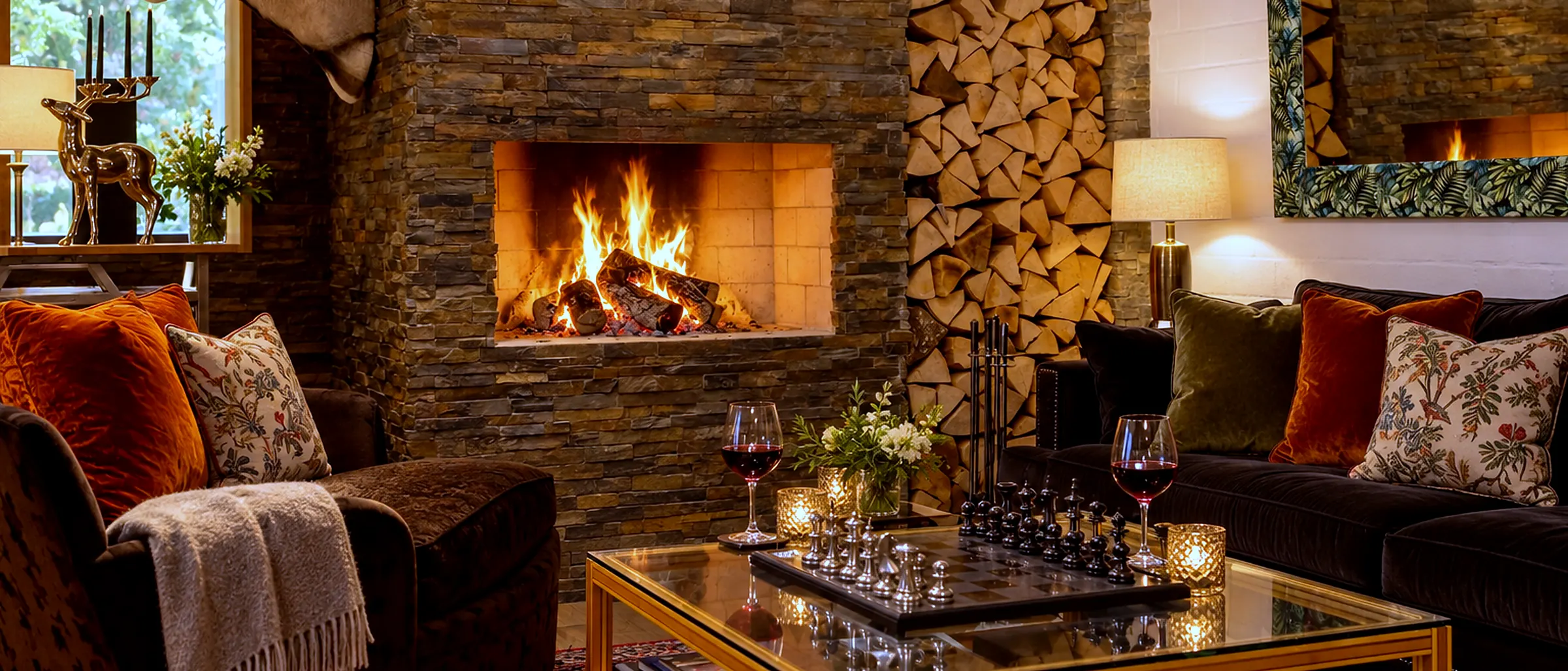 Die Kaminlounge mit brennendem Feuer, Holzstapel und Schachspiel