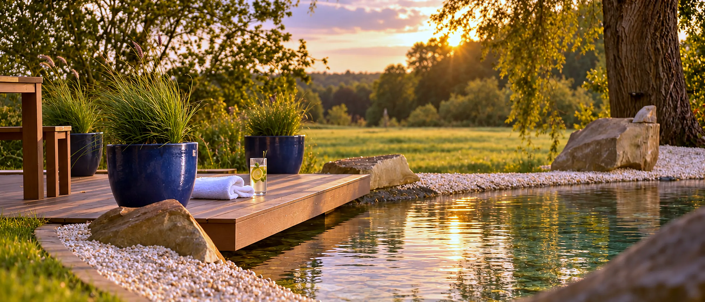 Das Holzdeck am Bio-Badeteich, dahinter die Wiesen in der Abendsonne