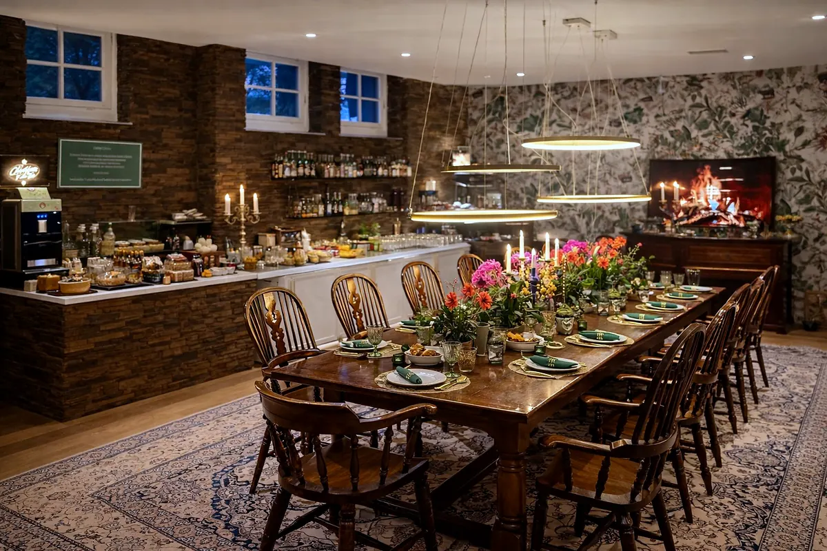 Die lange Frühstückstafel mit Blumen und Kerzen vor der Buffettheke