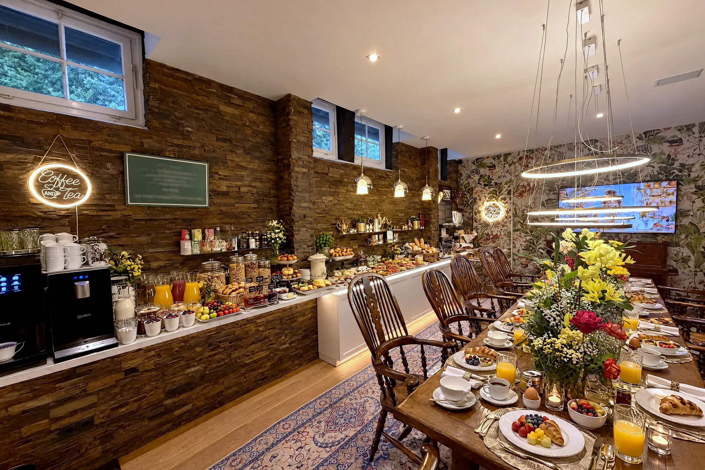 De lange ontbijttafel met bloemen en kaarsen voor de buffetbalie